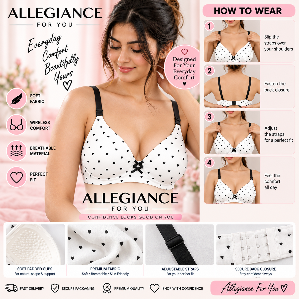 Women’s White Heart Print Comfort Bra